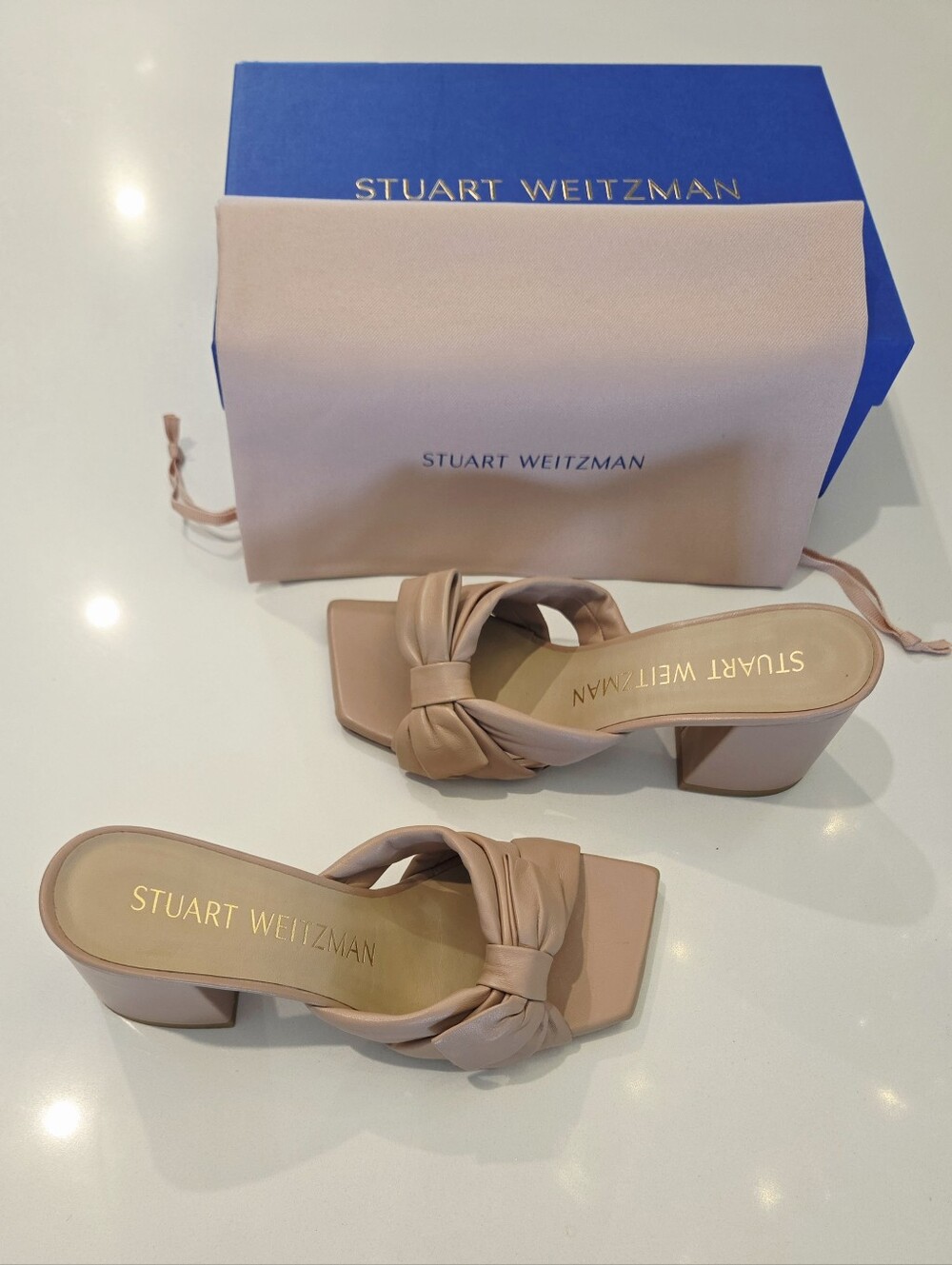 Stuart Weitzman Blush Knot Block Heel Mules